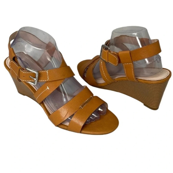 TAHARI Valen Wedge Crisscross Sandals Camel Brown Genuine Leather Open Toe 9 - Picture 1 of 9